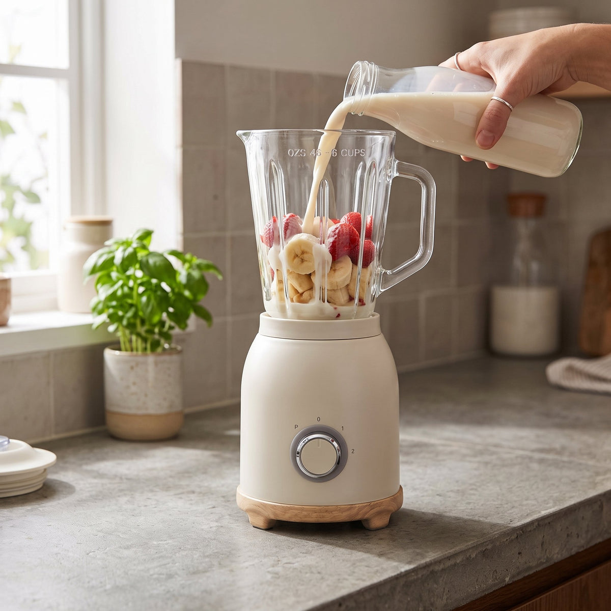 Licuadora Firenze Bianco Latte mientras se agregan leche y frutas
