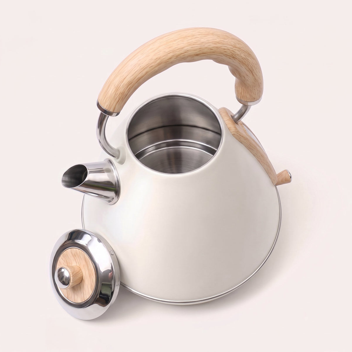 Hervidor Firenze Bianco Latte abierto, con interior de acero y tapa de madera