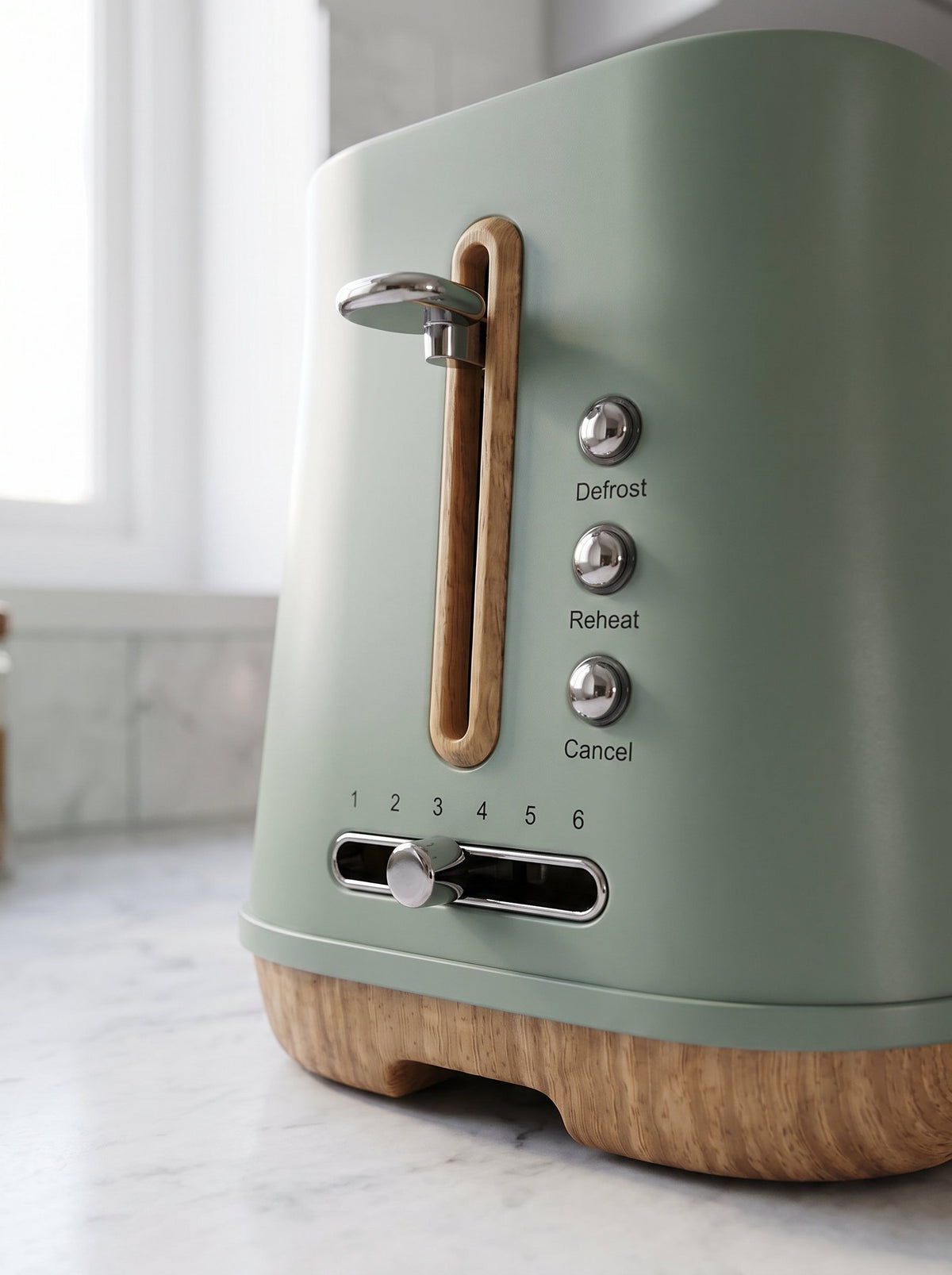 Detalle del tostador Firenze Verde Salvia con dial, botones y acabado de madera