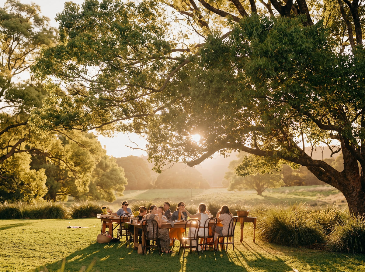 Familia y amigos compartiendo una comida al aire libre en un parque arbolado
