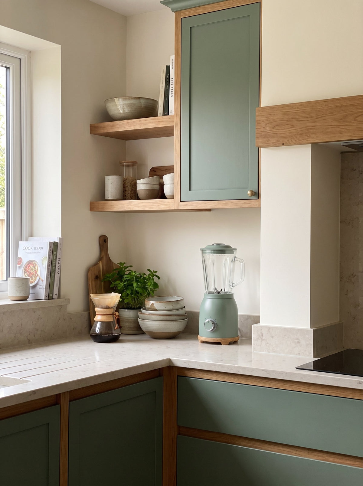 Licuadora Firenze Verde Salvia en una cocina con muebles de madera y estantes abiertos