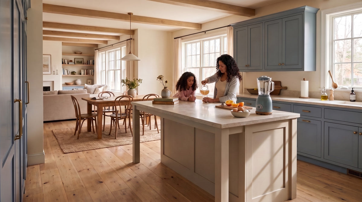Mujer y niña preparando una bebida junto a una licuadora Firenze en una cocina luminosa