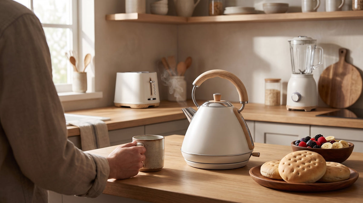 Persona preparando café junto a un hervidor Firenze Bianco Latte en una cocina cálida