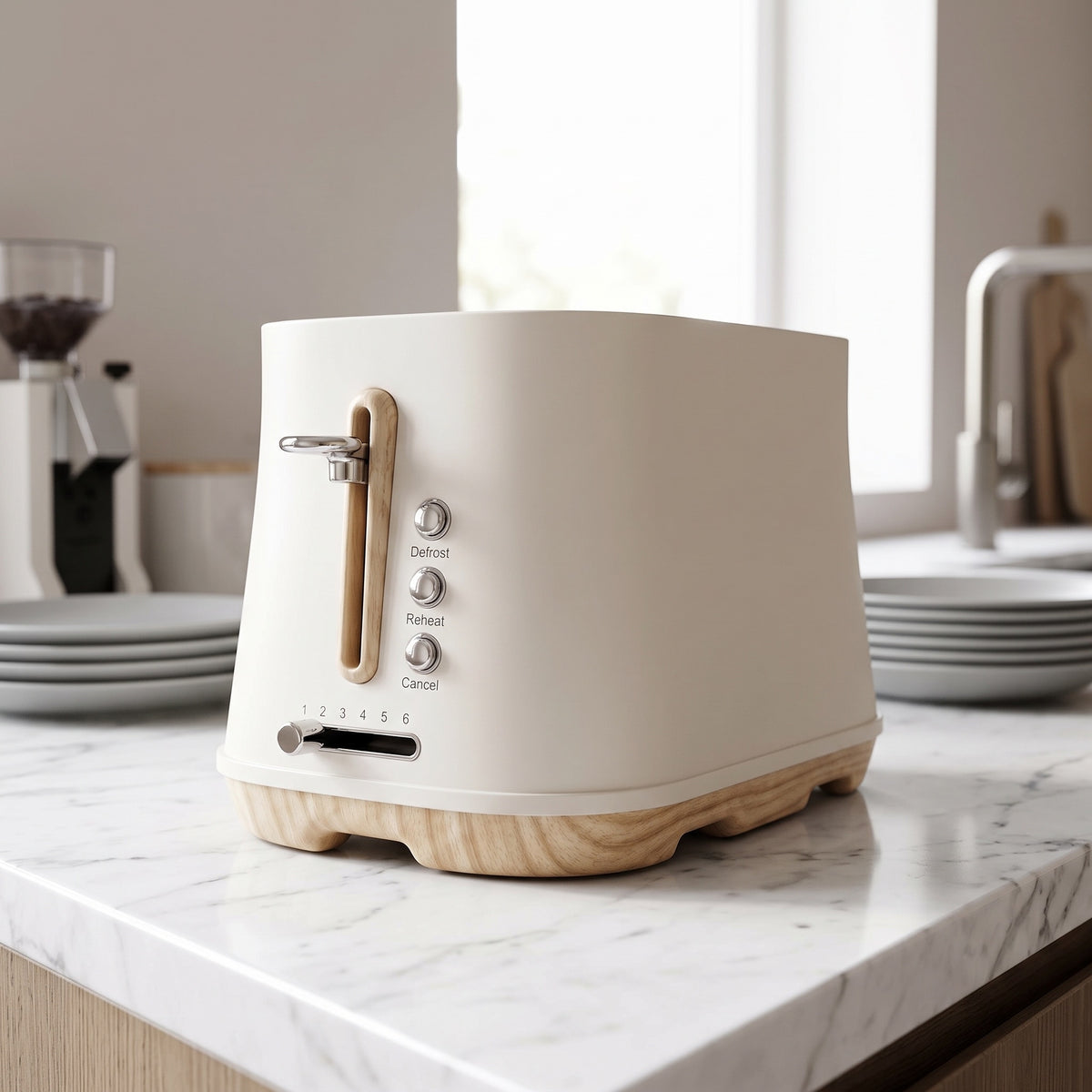 Tostador Firenze Bianco Latte sobre una encimera de mármol