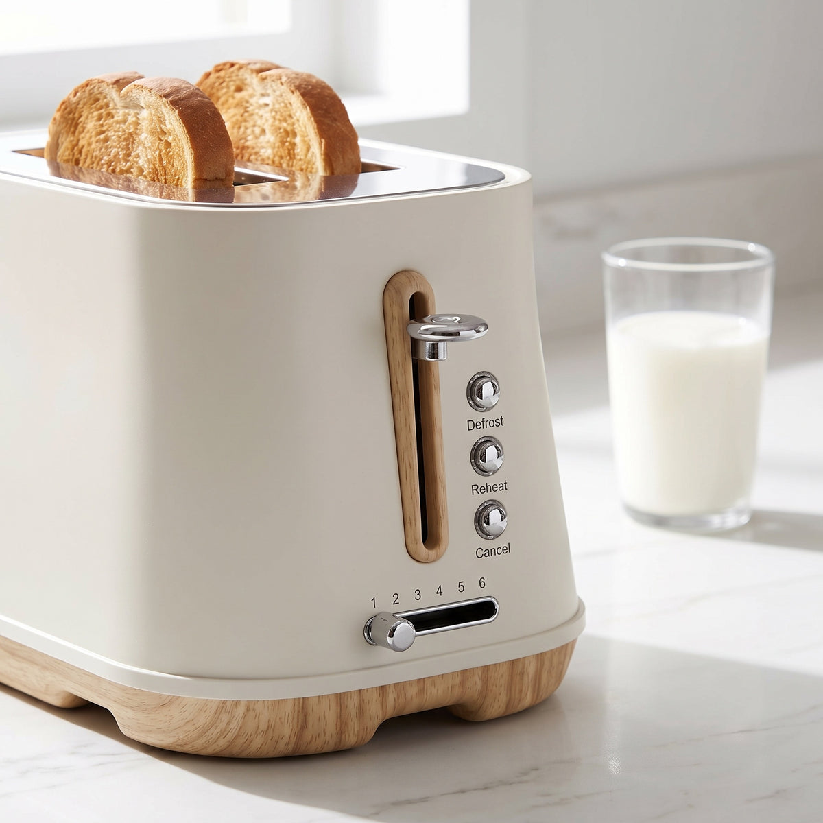 Tostador Firenze Bianco Latte con pan emergiendo en la cocina